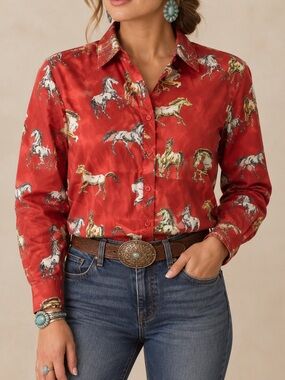 Mazik Equestrian Horse Satin Button Down shirt burnt orange L Western Boho
